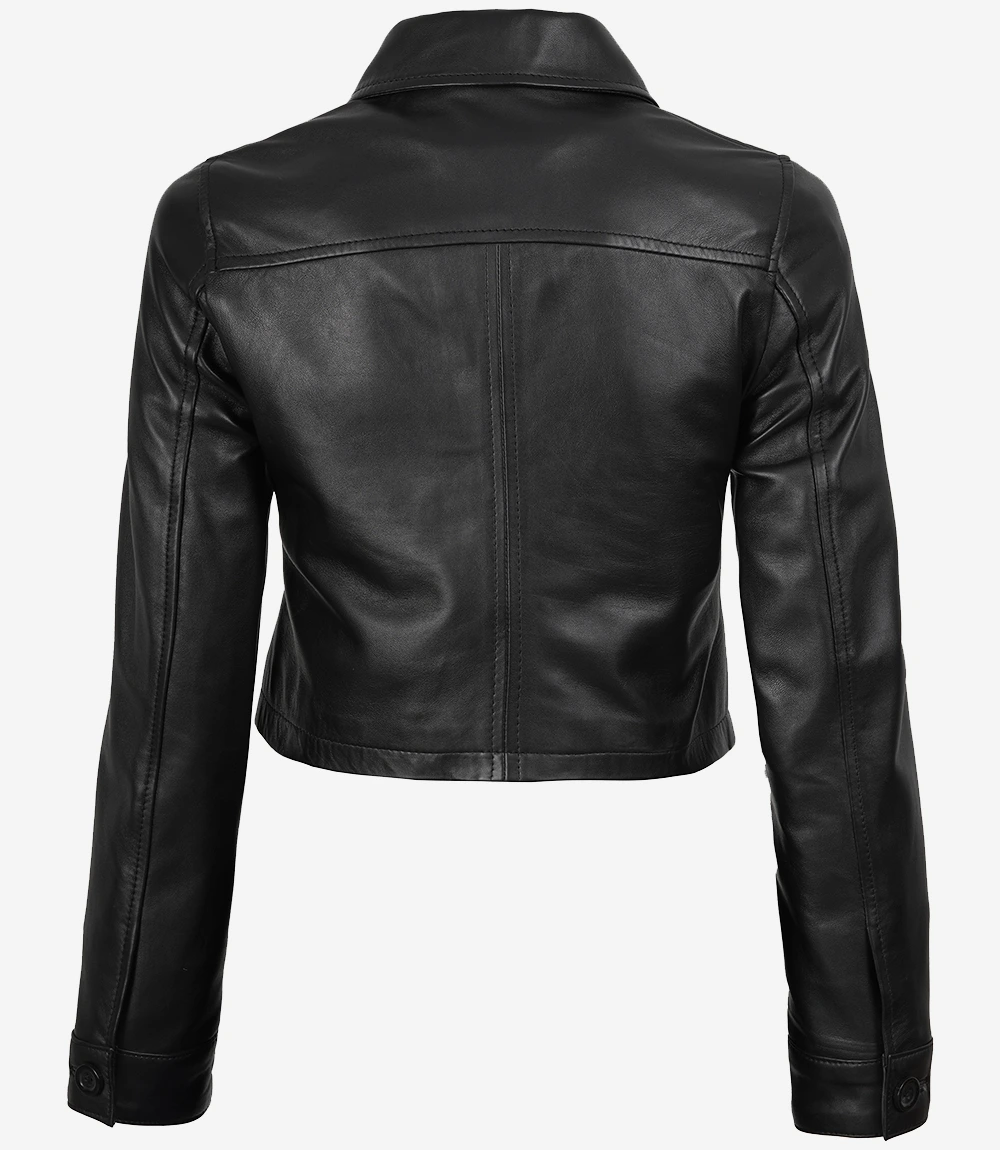 Mable Women's Black Cropped Harrington Leather Jacket - Image 2