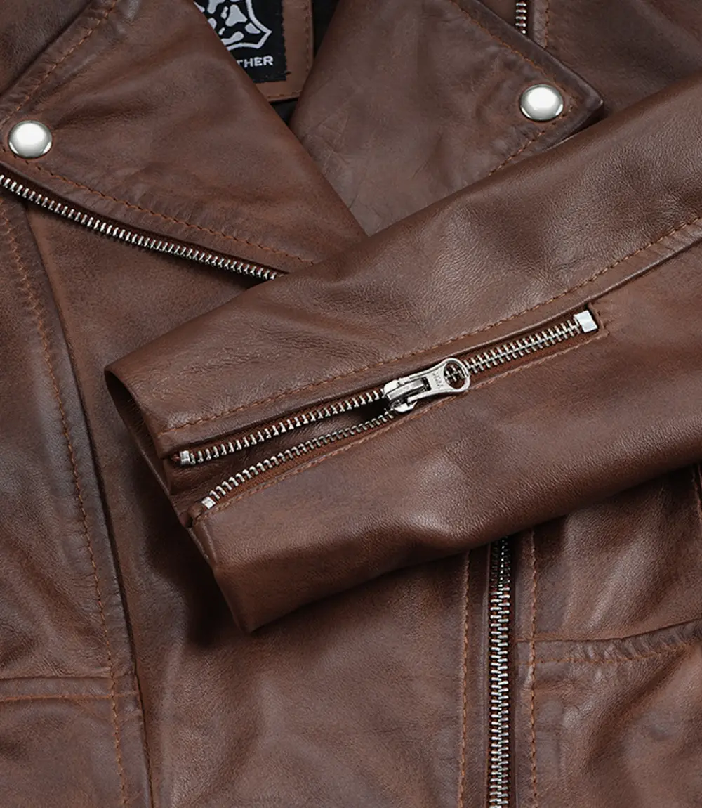 Women's Cropped Cognac Wax Moto Leather Jacket - Image 6