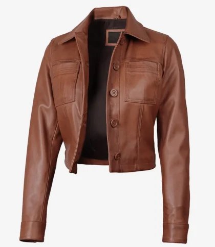 Women's Cognac Brown Cropped Leather Jacket — Shirt Collar, Buttoned Front