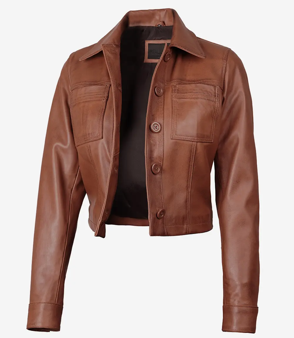 Women's Cognac Brown Cropped Leather Jacket — Shirt Collar, Buttoned Front