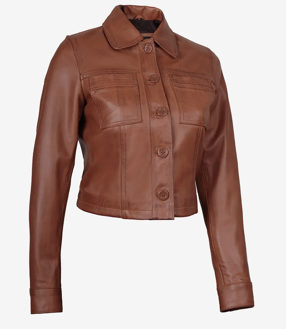Women's Cognac Brown Cropped Leather Jacket — Shirt Collar, Buttoned Front - Image 5