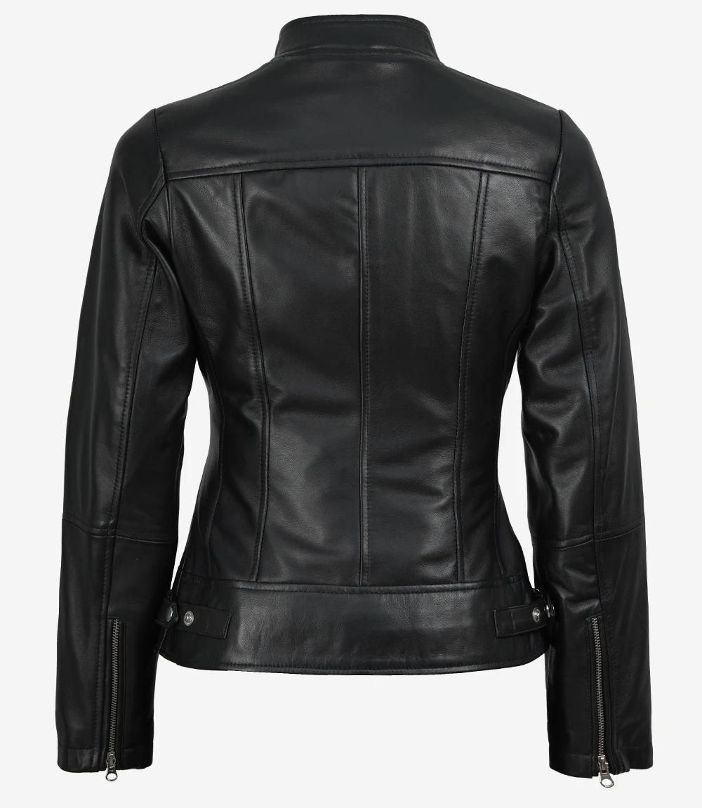 Women's Black Cafe Racer Leather Jacket - Image 4