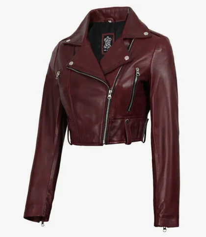 Women's Cropped Burgundy Wax Leather Biker Jacket