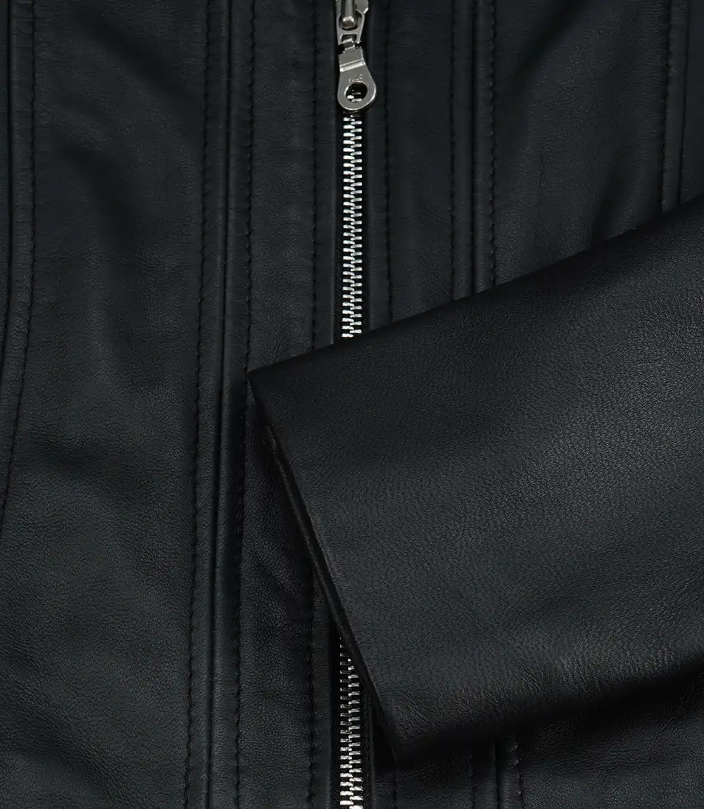 Women's Black Cropped Harrington Leather Jacket - Image 4