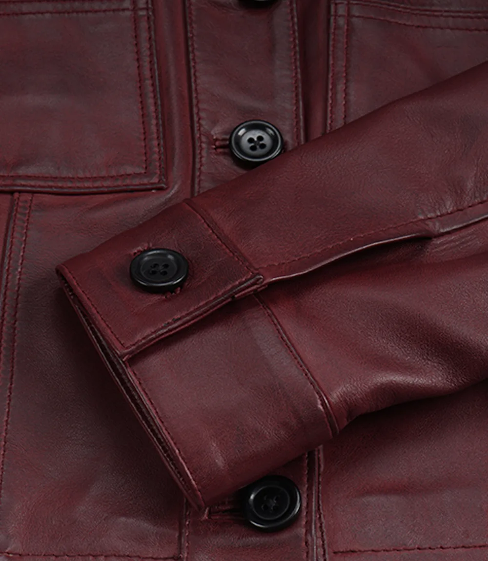 Women's Burgundy Wax Cropped Leather Harrington Jacket - Image 3
