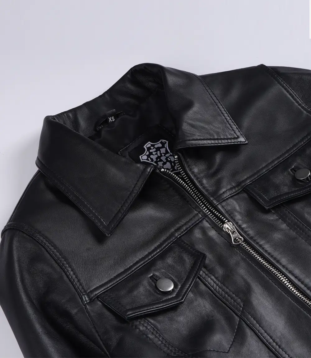 Women's Black Lambskin Leather Cropped Harrington Jacket - Image 6
