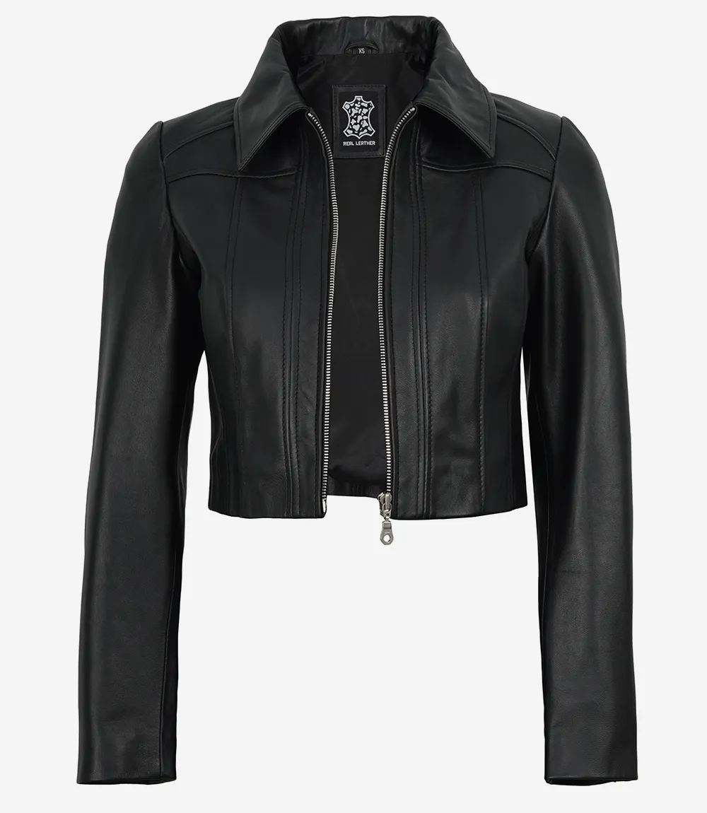 Women's Black Cropped Harrington Leather Jacket - Image 5