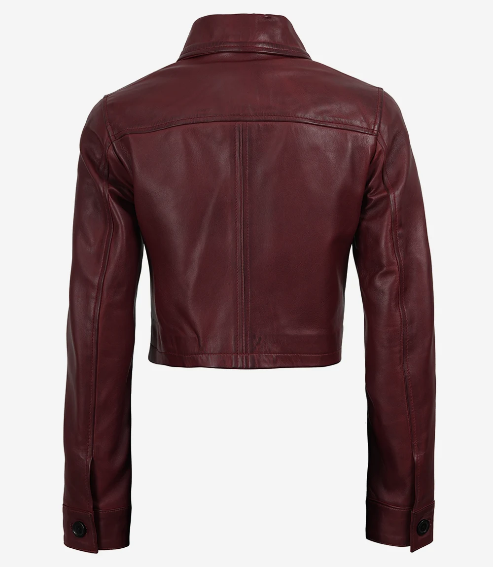 Women's Burgundy Wax Cropped Leather Harrington Jacket - Image 2