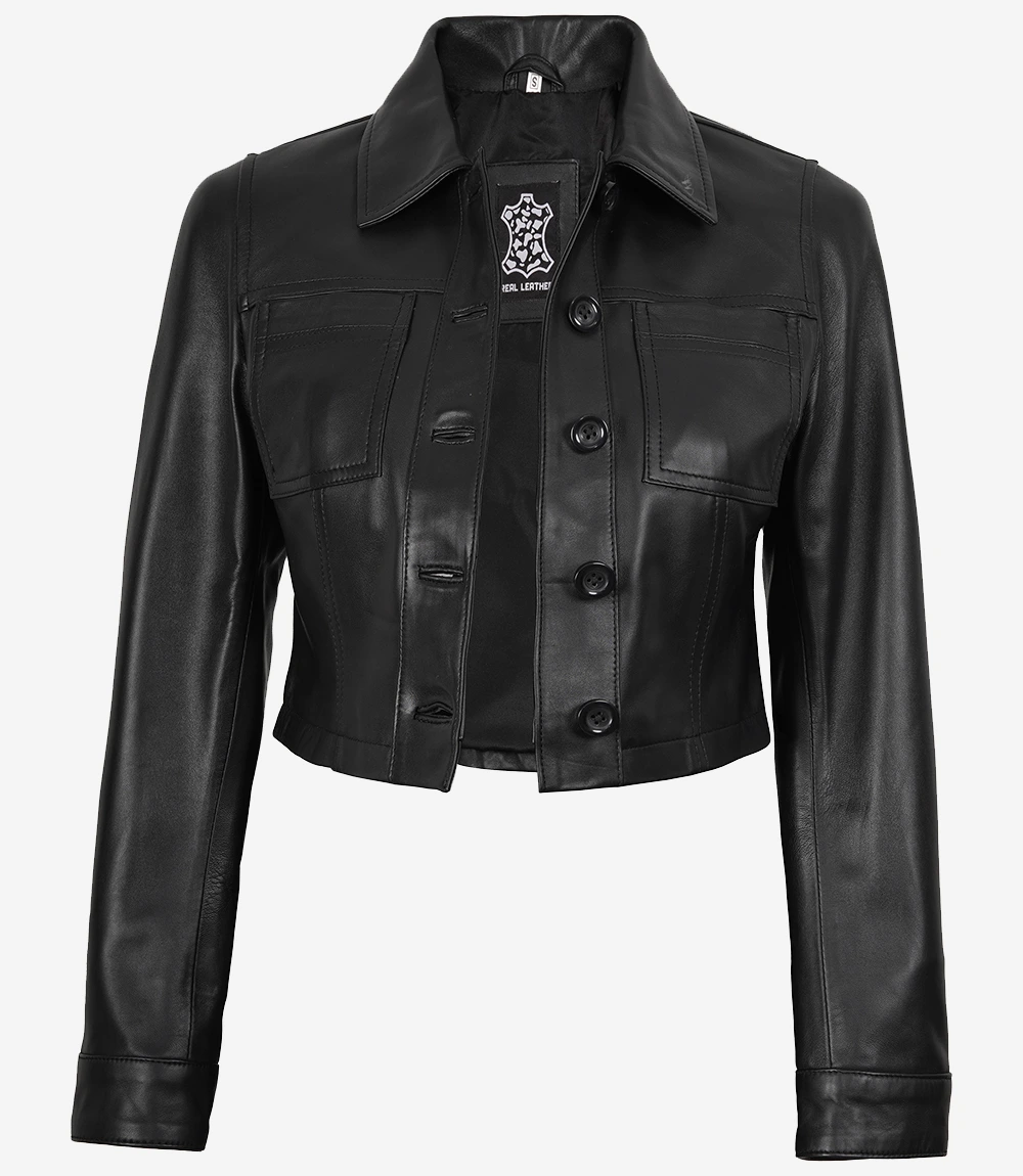 Mable Women's Black Cropped Harrington Leather Jacket - Image 3