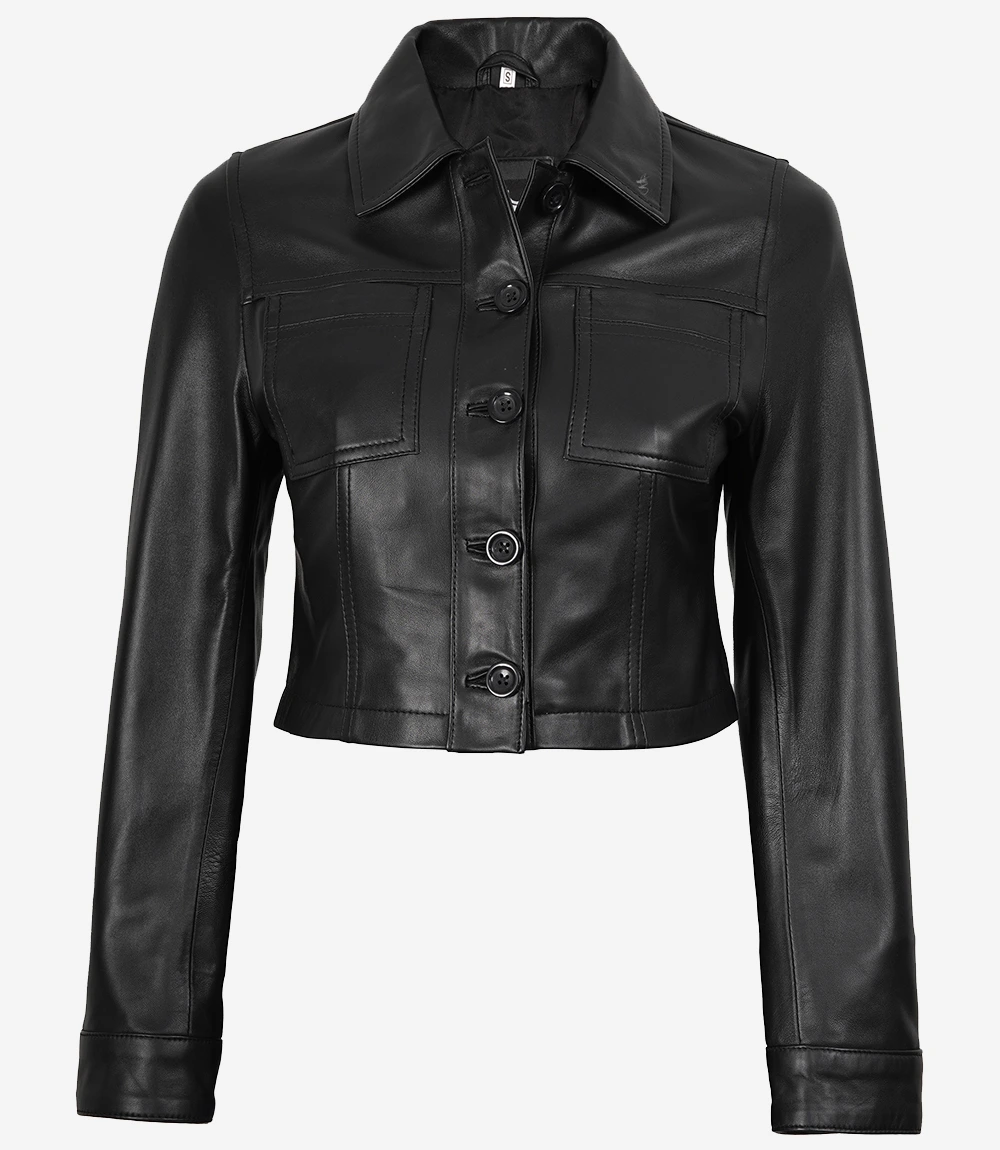 Mable Women's Black Cropped Harrington Leather Jacket - Image 4