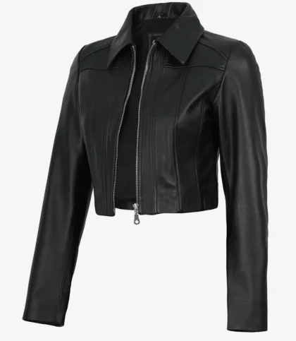 Women's Black Cropped Harrington Leather Jacket