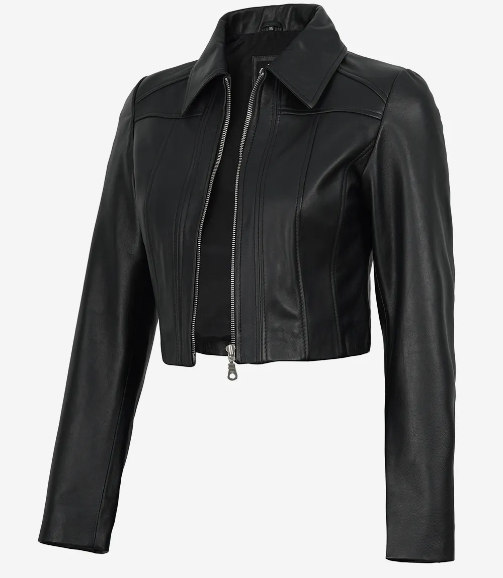 Women's Black Cropped Harrington Leather Jacket