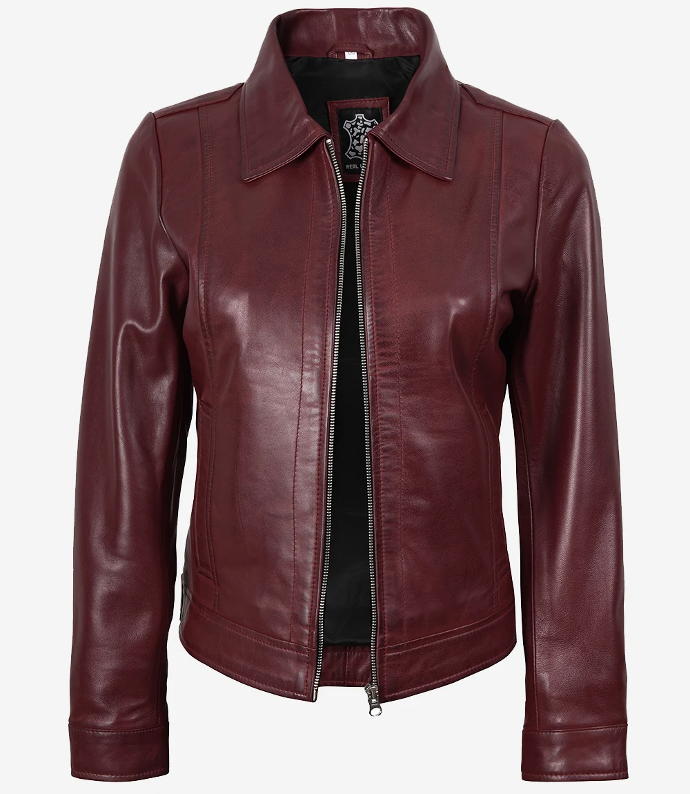 Jose Women's Burgundy Harrington Leather Jacket - Image 2