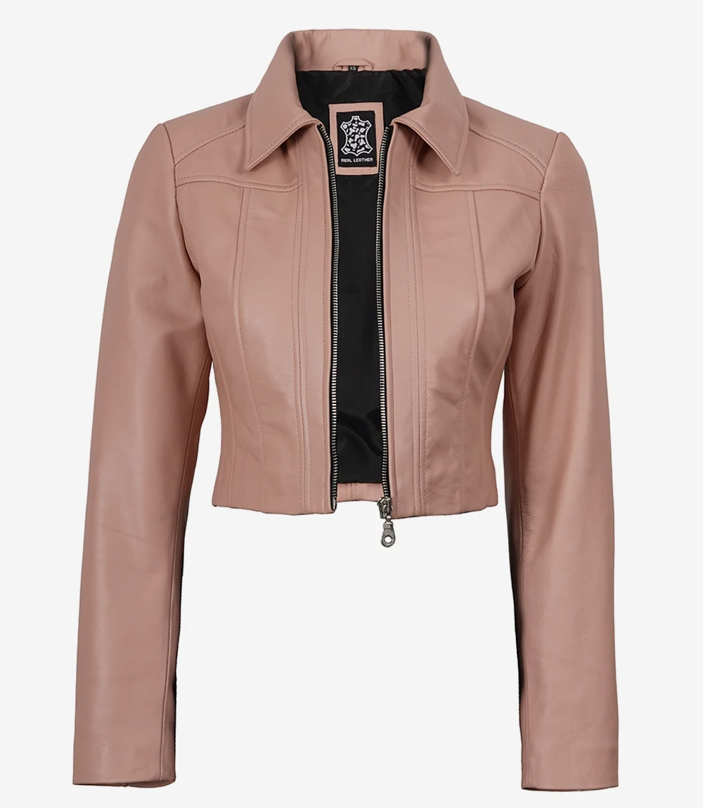 Marsha Women's Pink Cropped Leather Harrington Jacket - Image 6