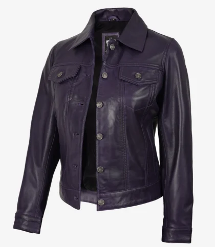 Womens Purple Wax Trucker Leather Jacket