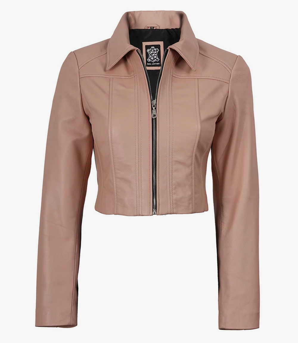 Marsha Women's Pink Cropped Leather Harrington Jacket - Image 7