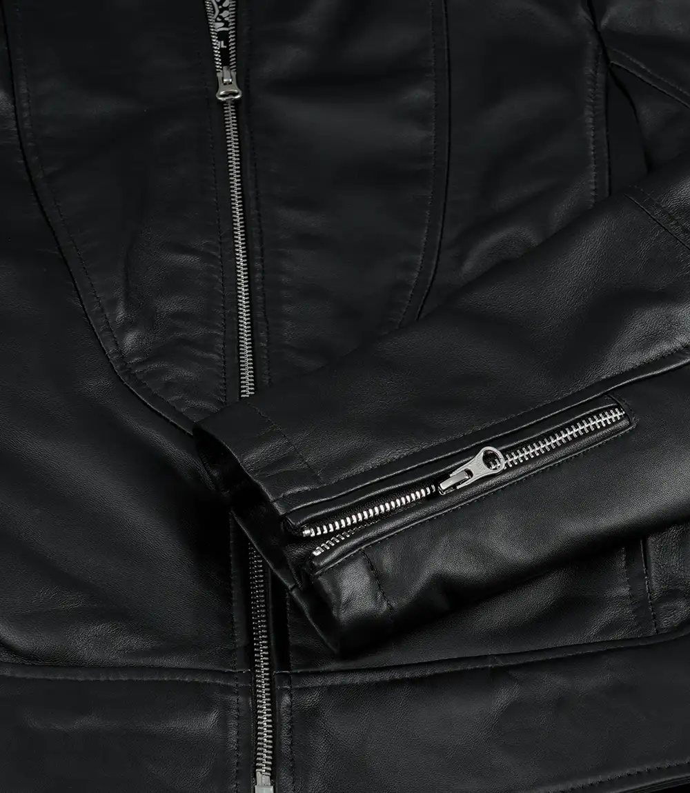 Women's Black Cafe Racer Leather Jacket - Image 6